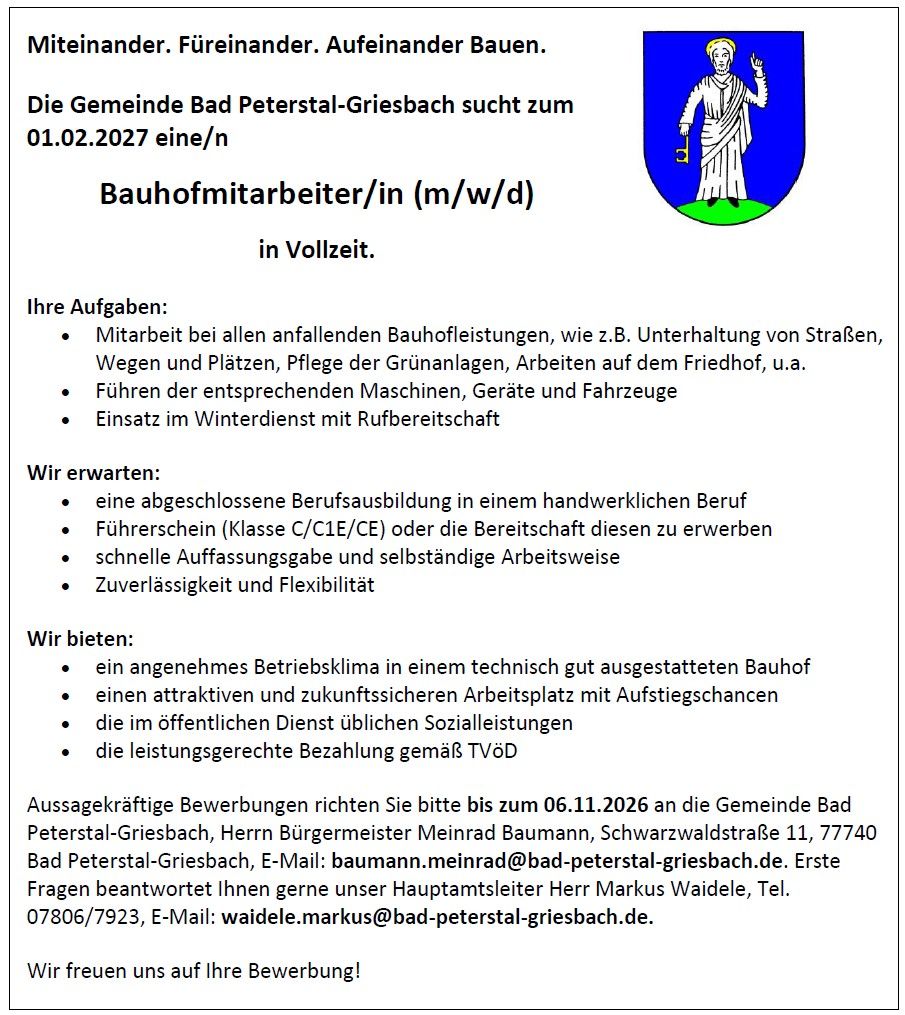 Stellenausschreibung Bauhofmitarbeiter/in (m/w/d)
